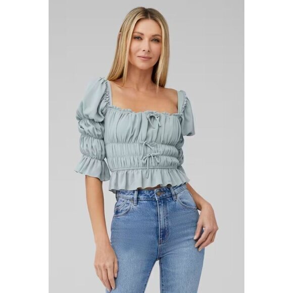 Lani The Label Tops - Smocked Puff Sleeve Crop Top With Square Neck Light Blue XS By Lani The Label
